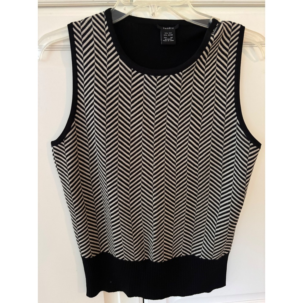 Sandra Sleeveless Chevron Knit Top Black White Silk Blend Women's‎ M